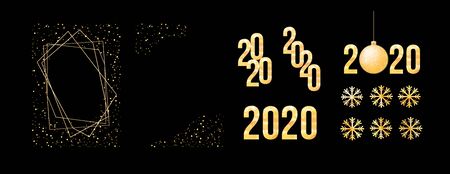 Elegant winter holiday invitations with black and golden geometric frame. Happy new year banner with 2020 numbers.のイラスト素材
