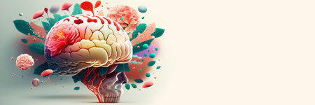 Human brain with spring colorful flowers. World Mental Health day banner. Concept of mental health, self care, happiness, harmony, positive thinking, creative mind. Generative ai.の素材