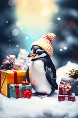 Christmas cute penguin with gift present. Portrait of a little penguin sitting under snowfall. Christmas card. Copy space. .の素材