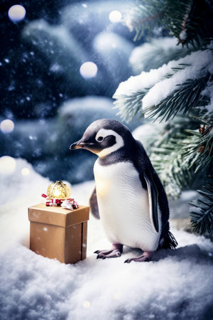 Christmas cute penguin with gift present. Portrait of a little penguin sitting under snowfall. Christmas card. .の素材