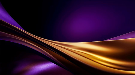 Purple and gold silk texture background. Abstract textile elegant luxury violet and golden banner. Satin wavy backdrop. Prestigious, award, luxurious background. .の素材