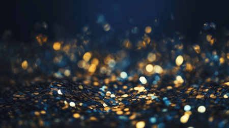 Abstract blue and gold shiny Christmas background with bokeh. Holiday bright blurred backdrop with particles.の素材