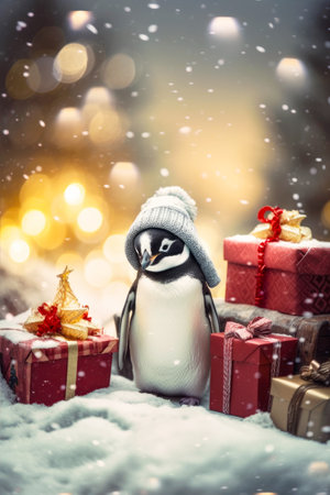 Christmas cute penguin with gift present. Portrait of a little penguin sitting under snowfall. Christmas card. .の素材