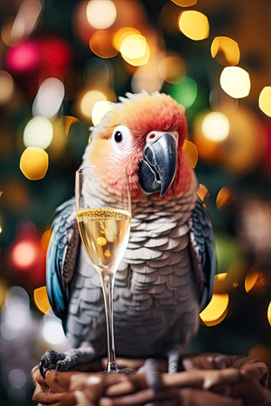 Cute funny parrot with holiday Christmas lights on background. Happy colorful parrot with a glass of champagne celebrating the new year.の素材
