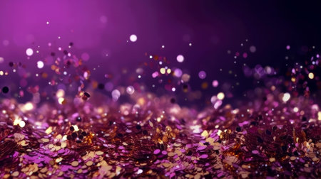 Abstract violet and gold shiny Christmas background with glitter and confetti. Holiday bright purple blurred backdrop with golden particles and bokehの素材