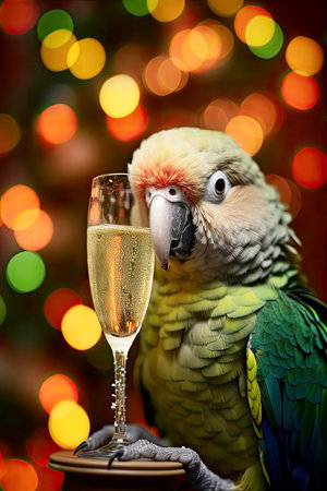 Cute funny parrot with holiday Christmas lights on background. Happy colorful parrot with a glass of champagne celebrating the new year.の素材