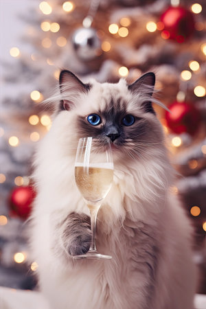 Fluffy cat next to a glass of champagne on the background of cozy Christmas lights. Cute Ragdoll cat on New Years Eve party.の素材