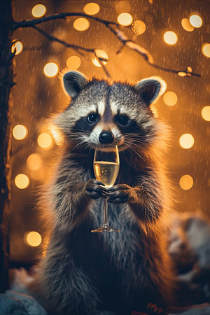 Cute funny raccoon with a glass of champagne celebrating the new year. Cozy Christmas lights in the background. Holiday, festive atmosphere.の素材
