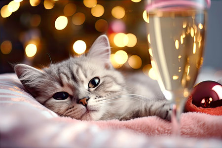 Fluffy cat next to a glass of champagne on the bokeh background. Cute cat with cozy Christmas lightsの素材