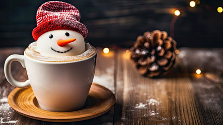 Cup of coffee with latte art, milk foam snowman. Christmas coffee cup. Cozy atmosphere. Holiday background with copy space. Christmas and New Year cappuccino coffeeの素材