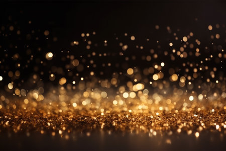 Abstract gold shiny Christmas background with bokeh. Holiday bright golden dust. Blurred backdrop with particlesの素材