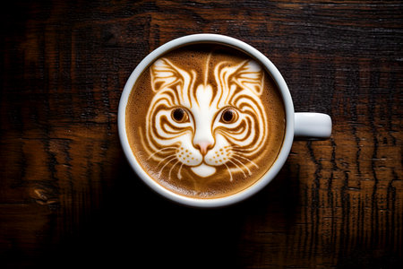 Cup of coffee with latte art, milk foam cat. Cozy atmosphere. Cup of cappuccino on wooden table for coffee loversの素材