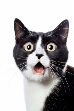 Funny surprised cat isolated on white background. Studio portrait of a cat with amazed faceの素材