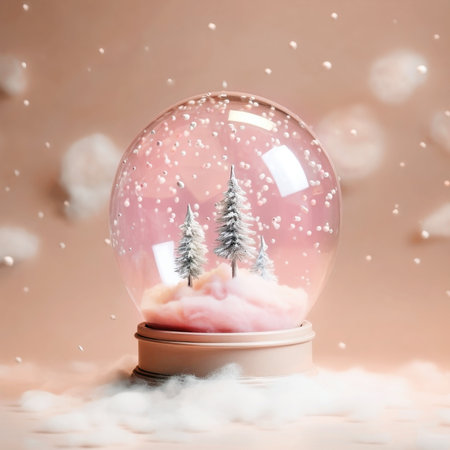 Peach Fuzz Christmas snow globe with wintry scene. Magical snow globe with trees on winter. Peach Fuzz color of the year 2024の素材