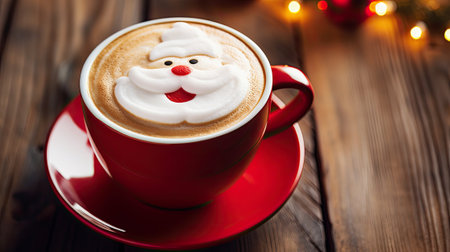 Christmas coffee cup with milk foam Santa Claus. Christmas latte art. Cozy atmosphere. Holiday background with copy space. Christmas and New Year cappuccino coffee.の素材