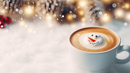 Christmas cup of coffee with latte art, milk foam snowman. Cozy atmosphere. Holiday background with copy space. Christmas and New Year cappuccino coffeeの素材