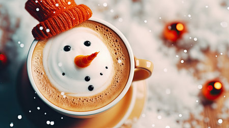 Christmas cup of coffee with latte art, milk foam snowman. Cozy atmosphere. Holiday background with copy space. Christmas and New Year cappuccino coffeeの素材