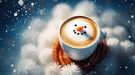 Christmas cup of coffee with latte art, milk foam snowman. Cozy atmosphere. Holiday background with copy space. Christmas and New Year cappuccino coffeeの素材