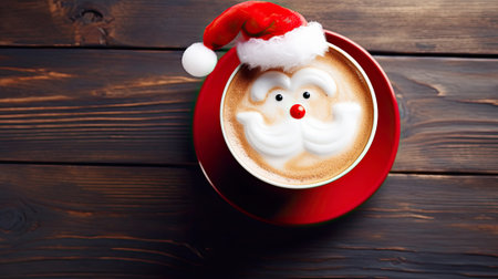 Christmas coffee cup with milk foam Santa Claus. Christmas latte art. Cozy atmosphere. Holiday background with copy space. Christmas and New Year cappuccino coffee.の素材