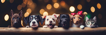 A cats and a dogs peeking out from behind a wooden board. Cute puppies and kittens with a defocused Christmas background, cozy atmosphere. Christmas promotional banner for pet shop or vet clinic.の素材