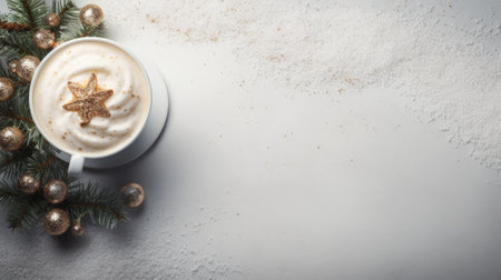 Christmas coffee cup with fir branches and copy space on background. Winter latte, hot drink. Cozy atmosphere. Christmas and New Year cappuccino coffeeの素材