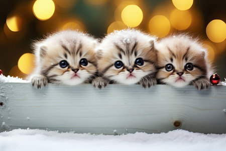 Banner with cute kittens. Group cats above wooden banner looking at camera. Winter signboard or gift card for pet shop or vet clinic.の素材