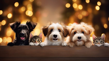 A cats and a dogs peeking over a wooden table. Winter season backdrop with soft focus background, festive atmosphere. Christmas promotional banner for pet shop or vet clinic.の素材