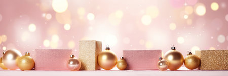 Peach Fuzz holiday Christmas banner with festive gift boxes and shiny Christmas ball. Peach Fuzz color of the year 2024. Holiday background.の素材