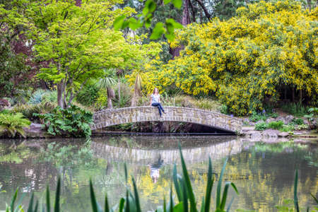 Girl sitting on bridge in between flowersの写真素材