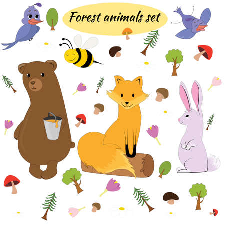 collection of forest animals and birds in a trendy cartoon style.のイラスト素材
