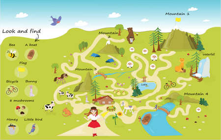 Funny maze for children. Help the girl on a trip to the mountains.のイラスト素材