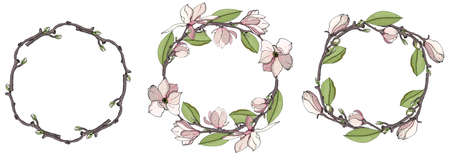 Set of stylish wreaths drawings. Graphic magnolia wreath.のイラスト素材
