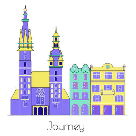 City background. Cute vector cityscape. Vector old town elements. Krakow, Poland, architecture line skyline illustration. Outline city vector illustration, symbol, travel sights, landmarks.のイラスト素材