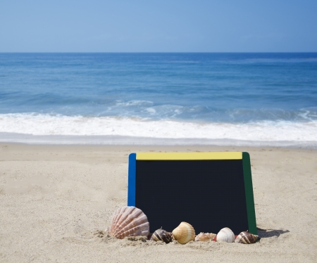 Black board with seashells on sandy beach on ocean backgroundの写真素材