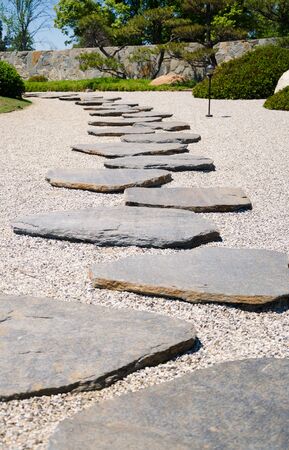 Stone's way in the Japanese garden in sunny day