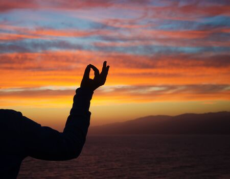 Silhouette of hand in mudra on sunset in Malibu