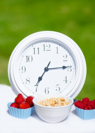 Healthy breakfast with cereals, strawberry and milk. Selective focus.の写真素材