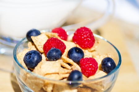 Healthy breakfast with cereals, blueberry, raspberry and milk. Selective focus.