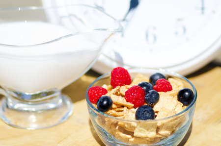 Healthy breakfast with cereals, blueberry, raspberry and milk. Selective focus.の写真素材