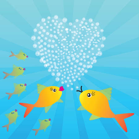 Valentine's background with fishes and heart on blue phone with raysのイラスト素材