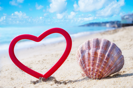 Heart shape and seashell on sandy beach by the ocean in sunny dayの写真素材