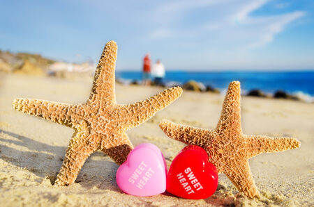 Two Starfishes with hearts on the sandy beachの写真素材
