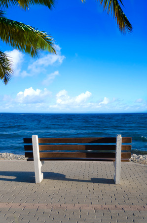 Bench next to Mediterranean Sea (Cyprus, Limassol)の写真素材