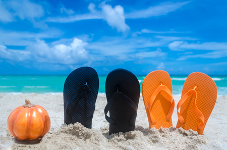 Ocean Halloween background with pumpkin and flip flopsの写真素材