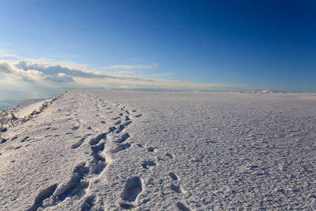 Human footsteps over frozen snowの写真素材