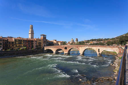 A view of Ponte Pietra, Verona panorama, Italy