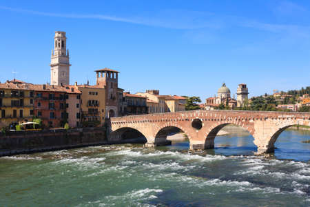 A view of Ponte Pietra, Verona panorama, Italyの写真素材