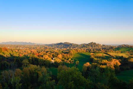 Panorama from italian hills in autumn season. Autumn landscape. Trees and hillsの写真素材