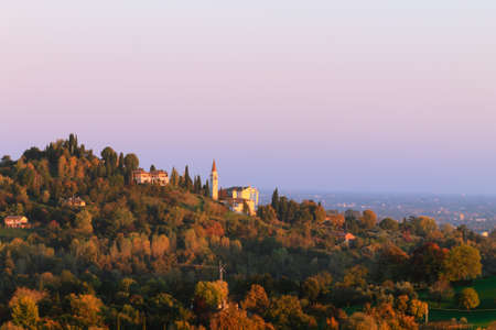 Panorama from italian hills in autumn season. Autumn landscape. Trees and hillsの写真素材