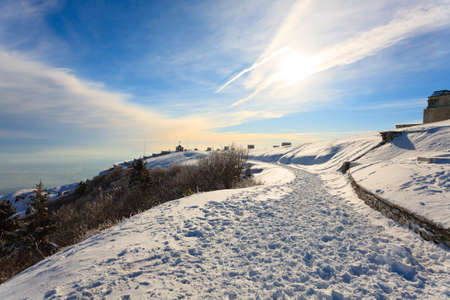 Winter panorama from Italian Alps. First world war memorial building. Snowの写真素材